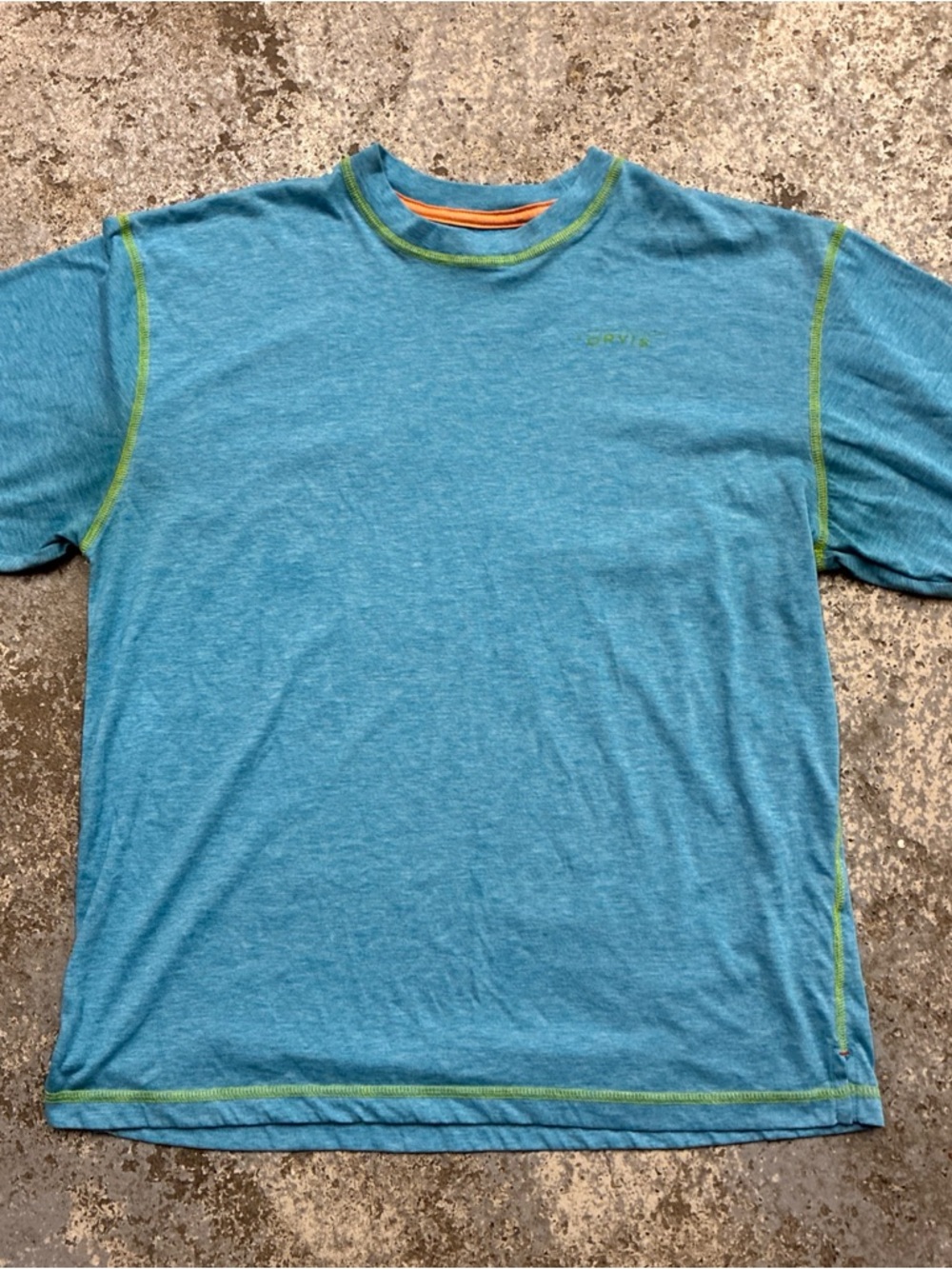 Orvis Teal Short-Sleeve Crew Neck with Lime Contrast Stitching trout bum M